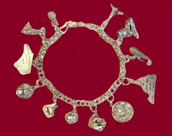 Sterling Silver 8&quot; Double Chain Link 12 Charm Bracelet / 925 Sterling Double Chain Link Charm Bracelet / Sterling Multi Charm Bracelet
