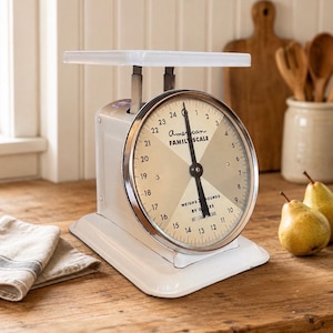 May include: A white metal kitchen scale with a circular dial face featuring the text American Family Scale, weighing up to 24 pounds by ounces. The scale has a flat top platform, a chrome-rimmed gauge, and a black needle pointing toward the zero mark.