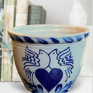 Blue Salt Glazed LoveBirds Bowl / Blue Glaze Pottery Handpainted Love Birds 4&quot; Bowl / Handmade Pottery Salt Glazed Heart Birds Bowl