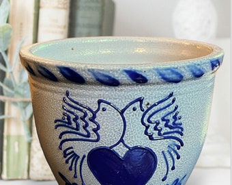 Blue Salt Glazed LoveBirds Bowl / Blue Glaze Pottery Handpainted Love Birds 4" Bowl / Handmade Pottery Salt Glazed Heart Birds Bowl