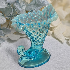 Blue Opalescent Hobnail Cornucopia 6&quot; Vase / Vintage Fenton Pale Blue Opalescent Glass / Large Teal Glass Cornucopia Vase