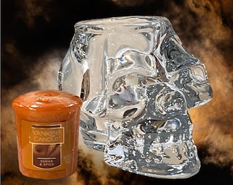 Crystal Skeleton Head Skull Votive Candle Holder / Heavy Crystal Skeleton Candle Holder / Large Crystal Skull Votive Candle Holder