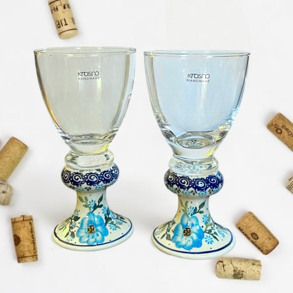 Unikat Blue Floral Polish Pottery Tall Goblet Wine Glasses / Blue Floral Polish Pottery / Handmade Polish Pottery Krosno Wine Glasses