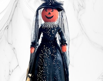 Tall Halloween Fabric Pumpkin Witch Standing Doll / Pumpkin Head Witch Doll / Large 28" Pumpkin Witch Standing Doll