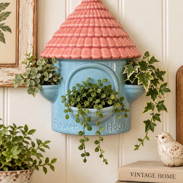 Vintage Ceramic Wall Pocket Planter Pink Blue Cottage Flower Pot Wall Vase Retro Floral Decor