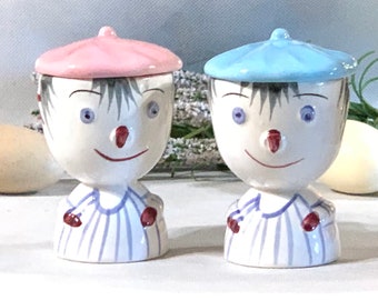 Set Of Two Vintage Japan Boy and Girl Egg Cups /Vintage Art Deco Boy Girl Striped Lidded Egg Cups / Retro Boy Girl Face Egg Cups