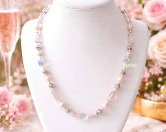 Celestial Rose: Cultured Pearl & Iridescent Crystal Statement Necklace, Princess Length 18.5"