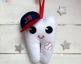 Personalized Tooth Fairy Pillow, monogrammed sports themed baseball cap and pocket, great gift idea, boy or girl