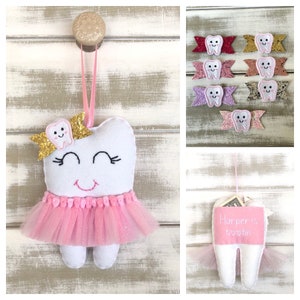 NEW!! Personalized Tutu Tooth Fairy Pillow with Cute BABY TOOTH Glitter Bow, personalized on the pocket, choose your colour