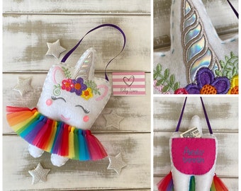 New! Children's Girls Personalized Rainbow Unicorn Tooth Fairy Pillow with and money pocket, great gift idea