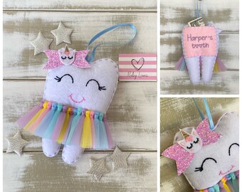 New! Personalized Unicorn love! Tutu Tooth Fairy Pillow with Cute UNICORN Glitter Bow, personalized on the pocket, ideal gift idea for girls
