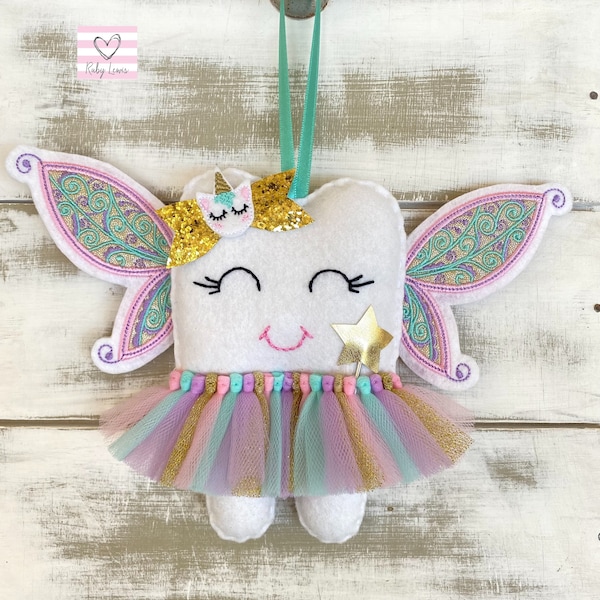 Personalized Childrens Tooth Fairy Pillow Fairy Wings, Tutu and Unicorn bow, zahnfee
