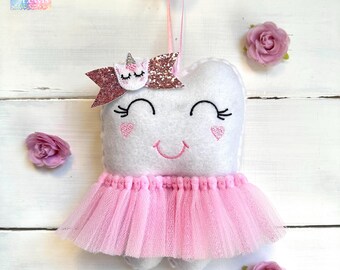Personalized Tutu Tooth Fairy Pillow with Cute UNICORN Glitter Bow, personalized  pocket, ideal gift idea ~ girls or boys