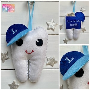 Personalized Boys Tooth Fairy Pillow, with new improved face, monogrammed baseball cap and money pocket