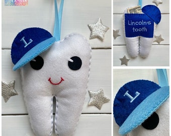 Personalized Boys Tooth Fairy Pillow, with new improved face, monogrammed baseball cap and money pocket