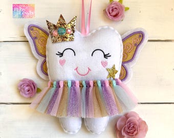 Personalized Tutu Tooth Fairy Pillow with HEART Cheeks, Butterfly Wings Glitter Crown and Wand ~ boys or girls