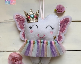 Personalized Tutu Tooth Fairy Pillow with HEART Cheeks, Butterfly Wings Glitter Crown and Wand ~ boys or girls