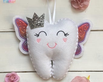 Personalized Tooth Fairy Pillow with Rainbow Fairy Wings and Crown, New Shape - girls tooth - boys tooth
