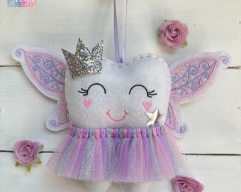 Personalized  Angel Fairy Wings Tutu Tooth Fairy Pillow with Glitter Crown and Wand Girl or Boy