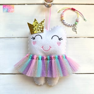 Personalized Tooth Fairy Pillow with Tutu, Glitter Crown or Bow, great gift idea, optional bracelet