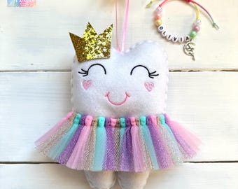 Personalized Tooth Fairy Pillow with Tutu, Glitter Crown or Bow, great gift idea, optional bracelet