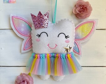 Personalized Unicorn Hair Angel Fairy Wings Tutu Tooth Fairy Pillow with Glitter Crown and Wand ~ boys ~ girls