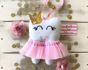 Personalized Girls Pink Tutu Love Tooth Fairy Pillow with Glitter Crown or Bow and Money Pocket. Baby Shower Gift