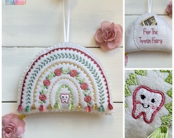 ¡Nuevo! Personalizado, almohada de hada de los dientes, rosas, corazones y arco iris de borlas, bolsillo de dinero, idea de regalo ~ niña o niño