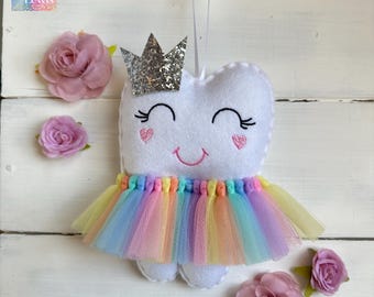 Personalized Tooth Fairy Pillow with Pastel Rainbow Tutu, optional Magic Wand. Great Gift Idea girl or boy
