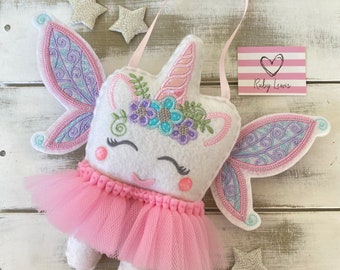 Almohada de hada de los dientes de unicornio personalizada para niñas con alas y bolsillo para dinero, gran idea de regalo
