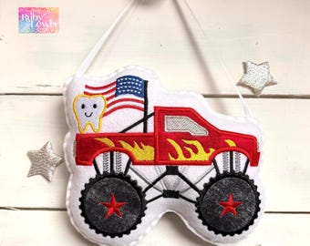 Personalized, Monster Truck Tooth Fairy Pillow with or without American flag, money pocket,  gift idea ~ boys and girls