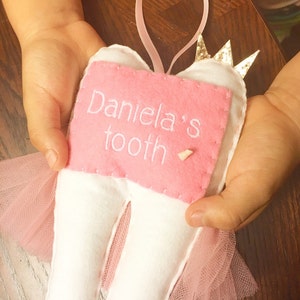 Personalized Girls Pink Tutu Love Tooth Fairy Pillow with Glitter Crown or Bow and Money Pocket. Baby Shower Gift image 8