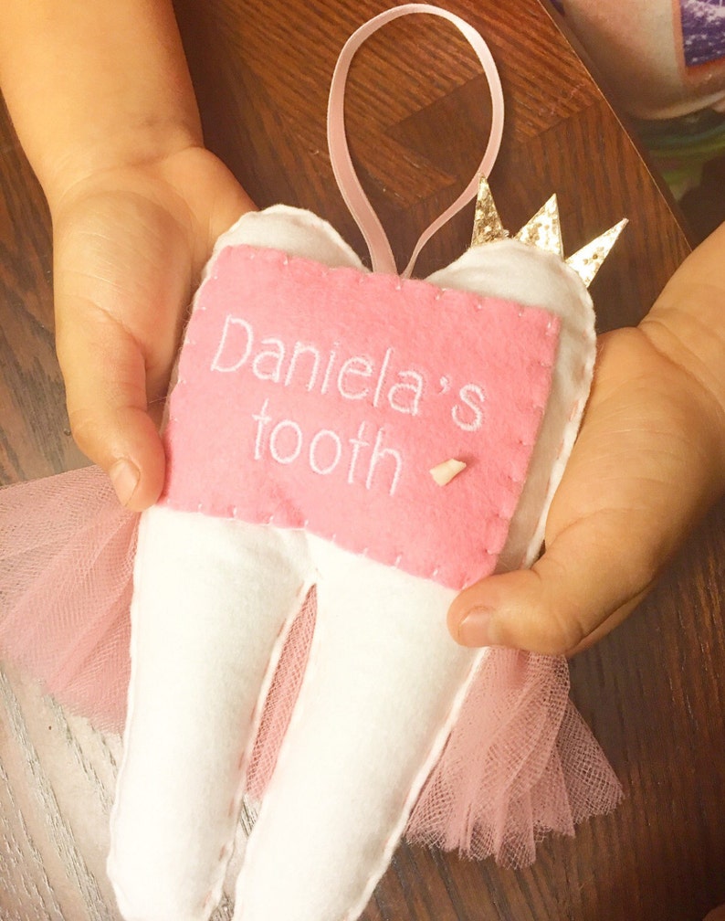 Personalized Girls Pink Tutu Love Tooth Fairy Pillow with Glitter Crown or Bow and Money Pocket. Baby Shower Gift image 8