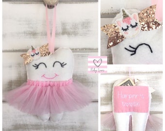 Personalized Tutu Tooth Fairy Pillow with Cute UNICORN Glitter Bow, money pocket, ideal girls or boys gift