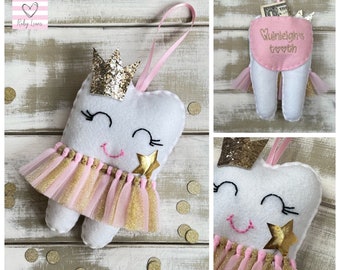 Personalized Tooth Fairy Pillow with Tutu, Glitter Crown or Bow, Magic Wand. Great Gift Idea