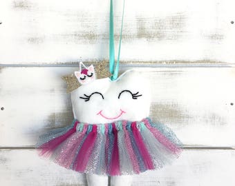 Unicorn Love Personalized Tutu Tooth Fairy Pillow with Cute UNICORN Glitter Bow, Ideal Gift Idea for Girls