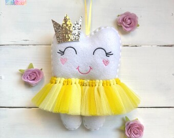 Personalized Tutu Tooth Fairy Pillow with Glitter Crown or Bow, Girl or Boy