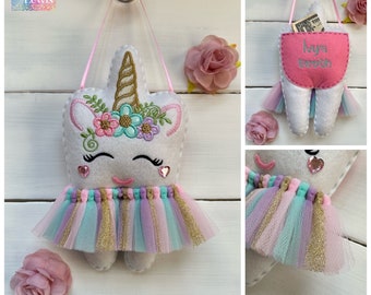 Personalised Tutu Unicorn Tooth Fairy Pillow with Money Pocket. Choose your own colours, Girl or Boy