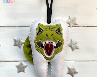 Personalized, T-Rex Dinosaur Boys or Girls Tooth Fairy Pillow, Personalized, embroidered Pocket with tail