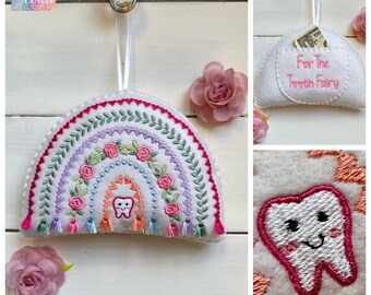 ¡Nuevo! Personalizado, almohada de hada de los dientes, rosas, corazones y arco iris de borlas, bolsillo de dinero, idea de regalo ~ niña o niño