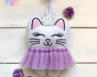 Personalized Cat Tooth Fairy Pillow with Sparkly Pink Tutu and Crown, Great Gift Idea girl or boy