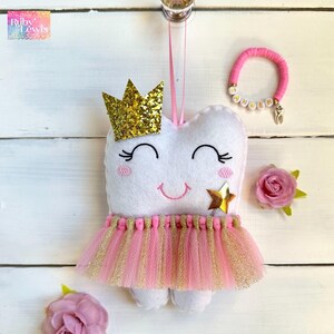 Personalized Tooth Fairy Pillow with Tutu, Glitter Crown, Wand and optional Bracelet