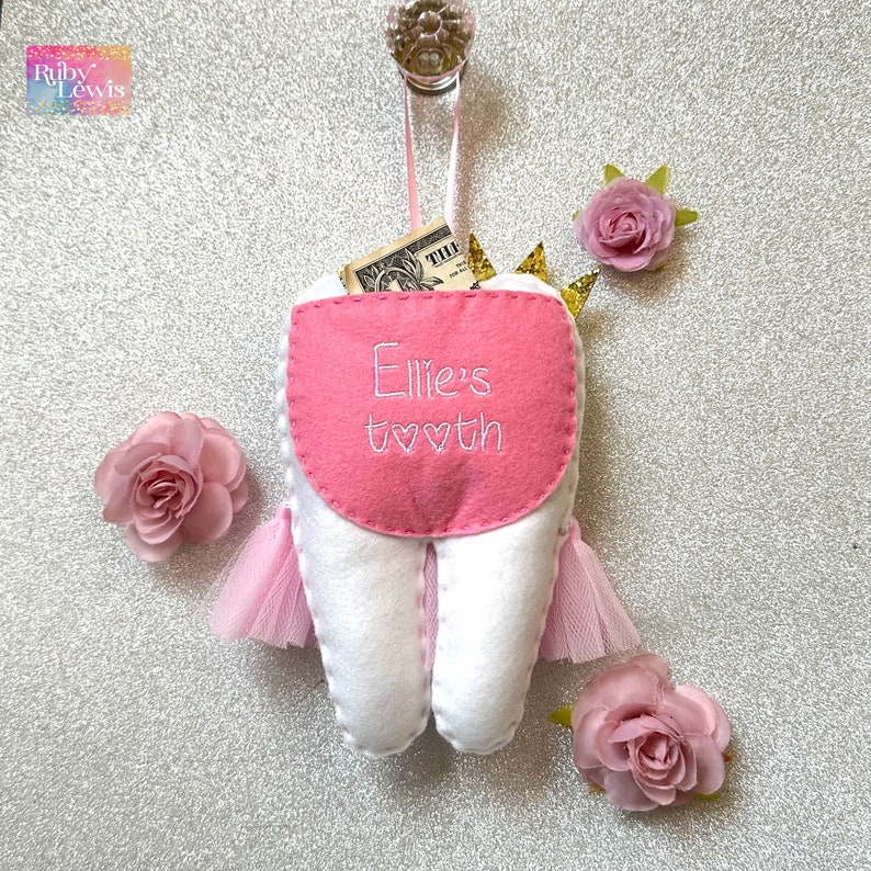 Personalized Girls Pink Tutu Love Tooth Fairy Pillow with Glitter Crown or Bow and Money Pocket. Baby Shower Gift image 2