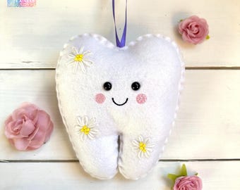 New! Personalized Tooth Fairy Pillow with Daisy, Flower Embellishments, Great Gift Idea girl or boy