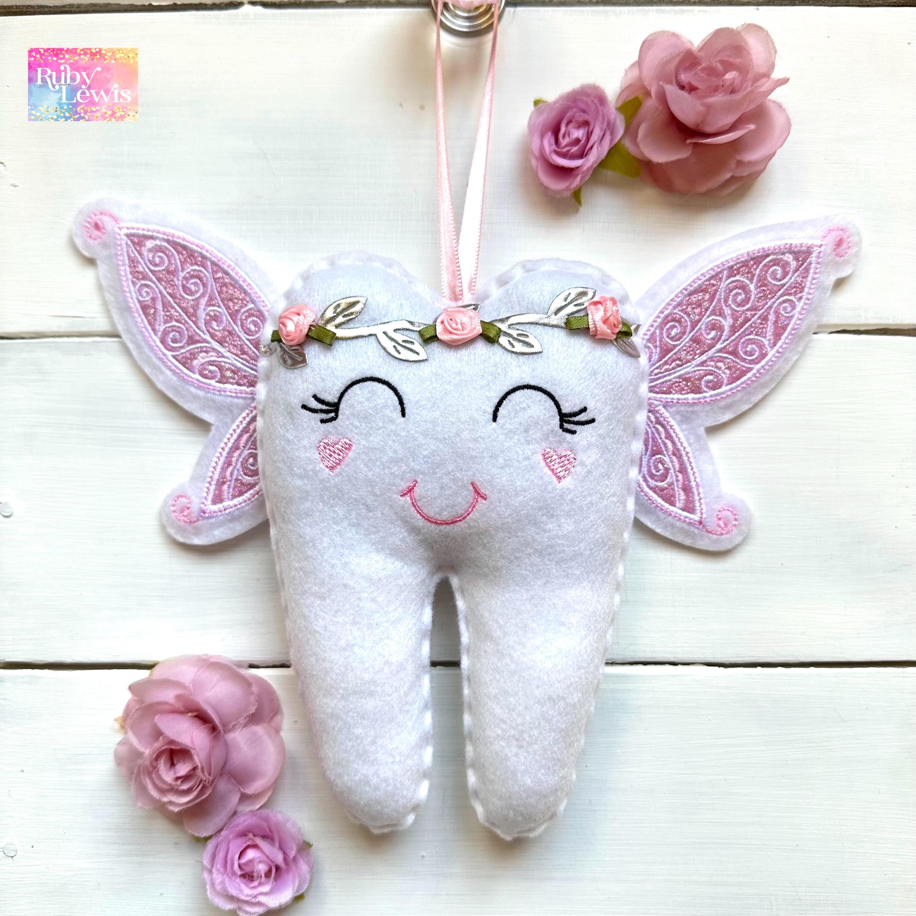 Personalized  Angel Fairy Wings Tooth Fairy Pillow, new style face, Flower Crown and money Pocket, Girl or Boy