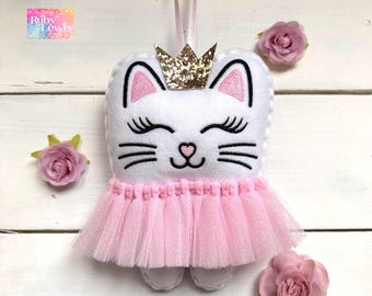 Almohada personalizada para el Hada de los Dientes con forma de gato, con tutú rosa brillante y corona. ¡Una gran idea de regalo para niña o niño!