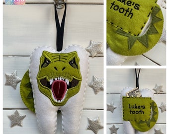 Personalisiertes T-Rex-Dinosaurier-Zahnfee-Kissen für Jungen oder Mädchen, personalisierte, bestickte Tasche mit Schwanz