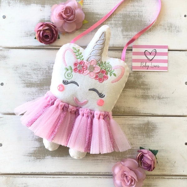 NEW!! Children's Personalised Tutu Unicorn Tooth Fairy Pillow with Back Pocket. Choose your own colours