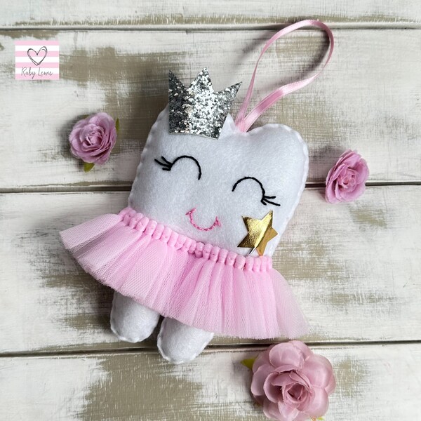 Personalized Tutu Tooth Fairy Pillow with Glitter Crown or Bow, and new addition Magic Wand. Ideal gift idea