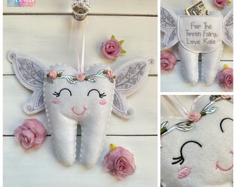 Personalized  Angel Fairy Wings Tooth Fairy Pillow, new style face, Flower Crown and money Pocket, Girl or Boy